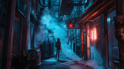 Cyberpunk Girl in Steamy Factory Alleyway