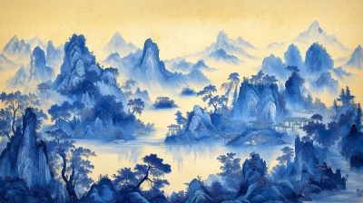 Blue and Gold Chinese Landscape Painting