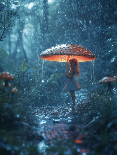 Young Female Pixie in Forest with Mushroom Umbrella