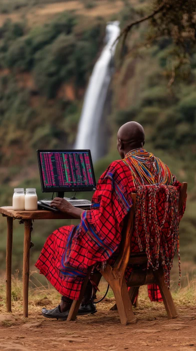 Maasai man near waterfall