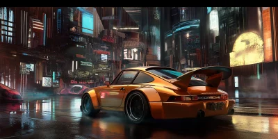 Futuristic city with Porsche 911 on wet asphalt