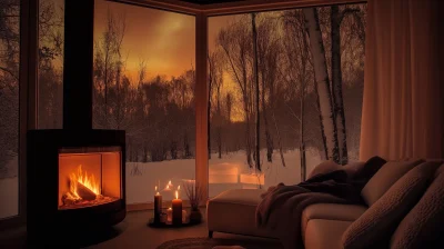 Modern Cozy Living Room during Snowstorm