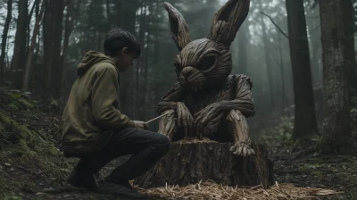 Creepy Rabbit Wooden Sculpture in a Dense Forest