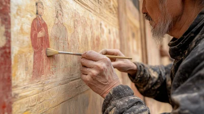 Ancient Chinese craftsmen painting on wooden wall