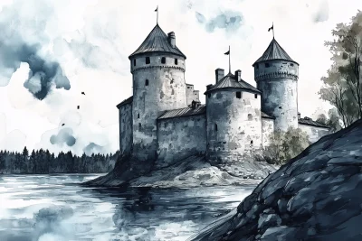 Ink and wash painting of Olavinlinna Castle