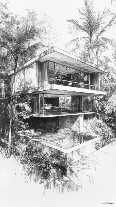 Pencil Sketch of 2-Story Villa in Jungle