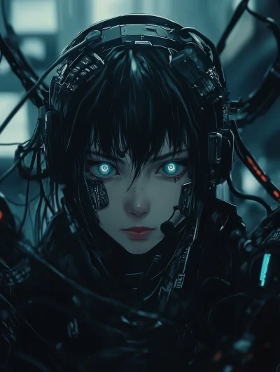 Cyberpunk Anime Character with Wired Connections