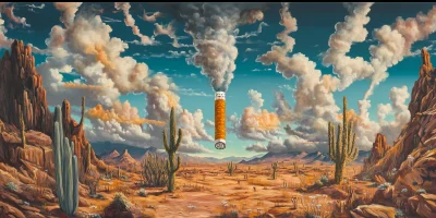 Psychedelic Desert Landscape with Giant Cigarette