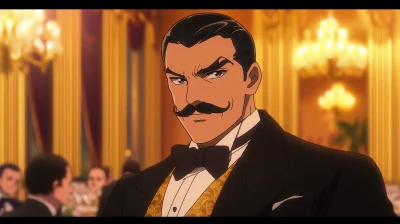 Anime Hercule Poirot at a Lavish Dinner Party