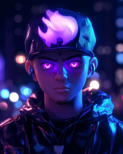 3D render of anime streetwear model with purple glowing eyes