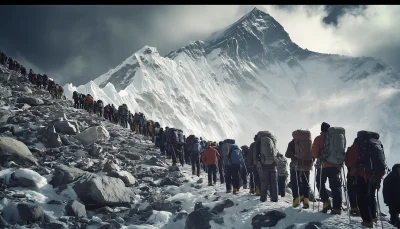 Mount Everest Summit Crowded with Business People