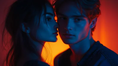 Romantic Encounter in Orange and Blue Lighting