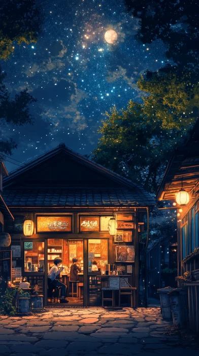 Cozy Countryside Coffee Shop at Night Anime Style