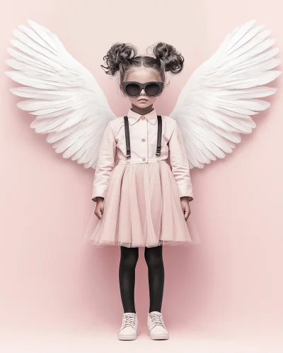 Cheerful school girl with angelic wings