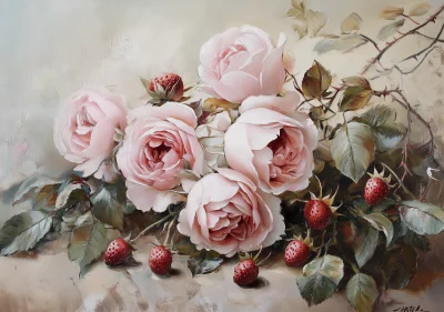 Vintage Roses and Strawberries Oil Painting