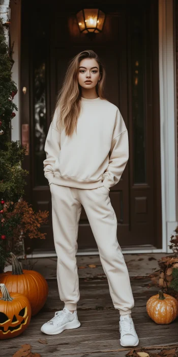 Exquisite Female Model in Beige Sweatshirt