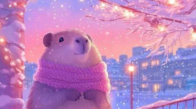 Cozy Winter Capybara in Snowy City