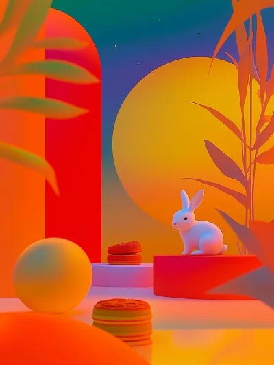 Cartoon white rabbit playing on a picture scroll under the full moon