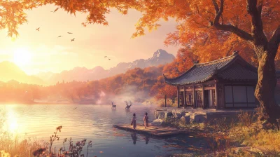 Warm Family Atmosphere at Sunset in Traditional Chinese Style