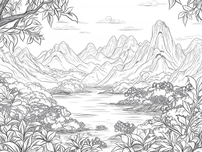 Chinese Tea Leaves and Mountains Illustration