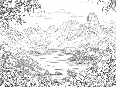 Chinese Tea Leaves and Mountain River Illustration