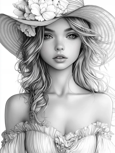 Girl in White Dress Coloring Book Illustration