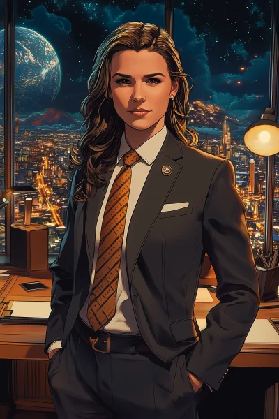 Stoic Woman in Menswear in Retro Office Setting