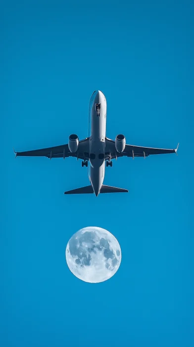 Airplane and Moon in the Clear Blue Sky