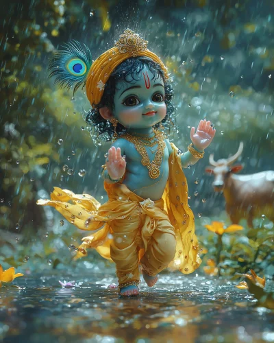 Baby Krishna Dancing in the Rain