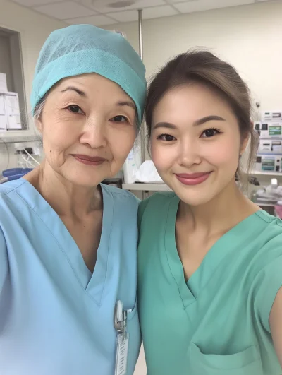 Serious Korean nurses in scrubs