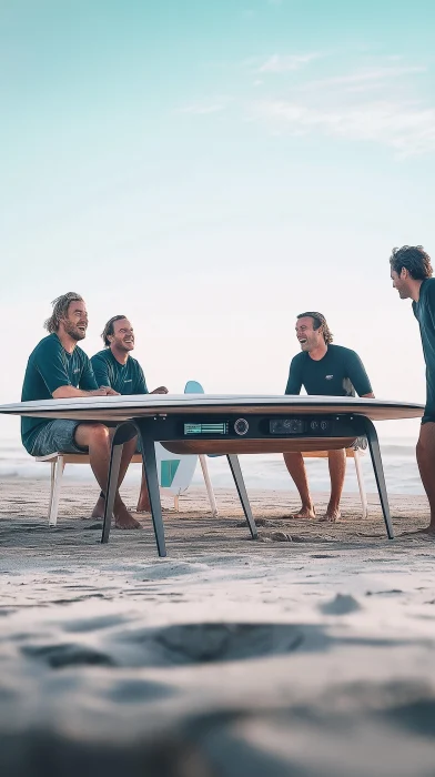 Surfers with Ironing Board Coffee Table at the Beach