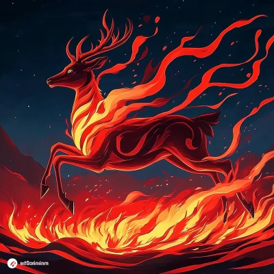 Red Nine Color Deer Running on Lava Fire