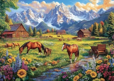 Vibrant Pastoral Scene with Grazing Horses