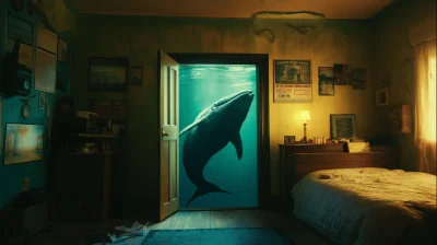 Cinematic Bedroom Door to Ocean with Whale