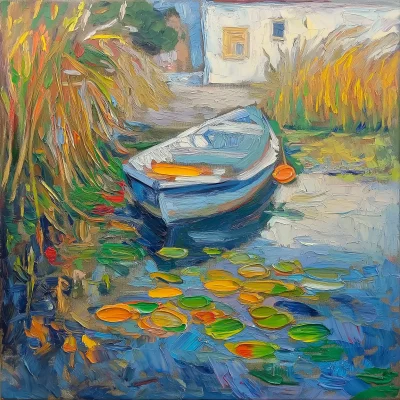 Boat in a Stream with Water Lilies and Reeds