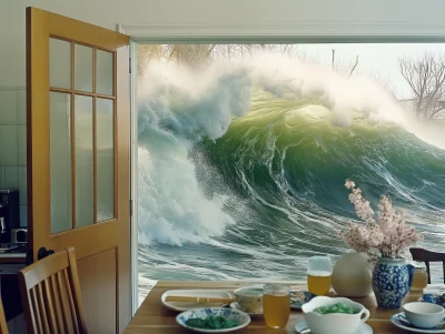 Cinematic Kitchen Door Leading to Japanese Garden