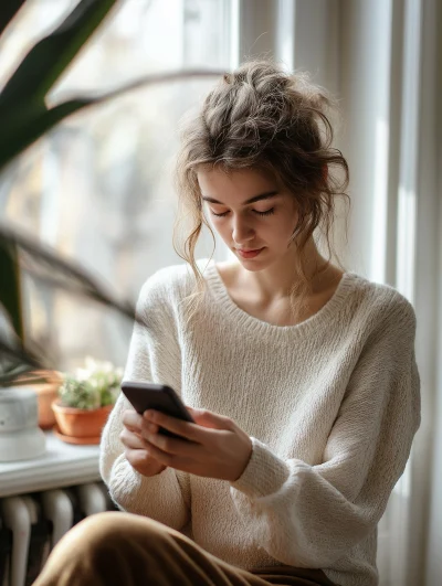 Woman using smartphone at home