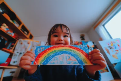 Child Showing Drawing of Rainbow