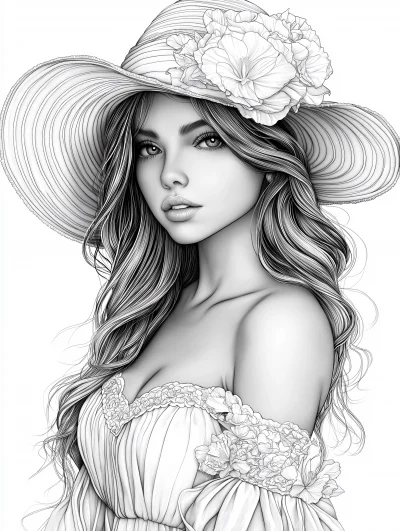 Girl in White Dress with White Flowers Coloring Book Illustration