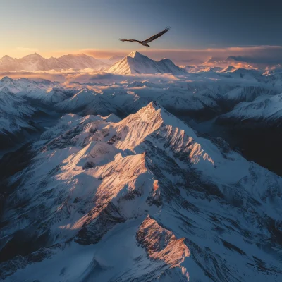 Aerial View of Falcon Flying over Snowy Mountains