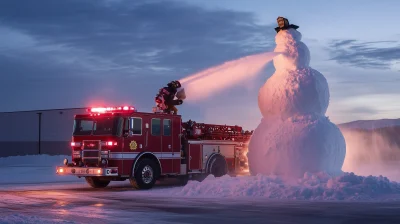 Snowman Building with Fire Truck