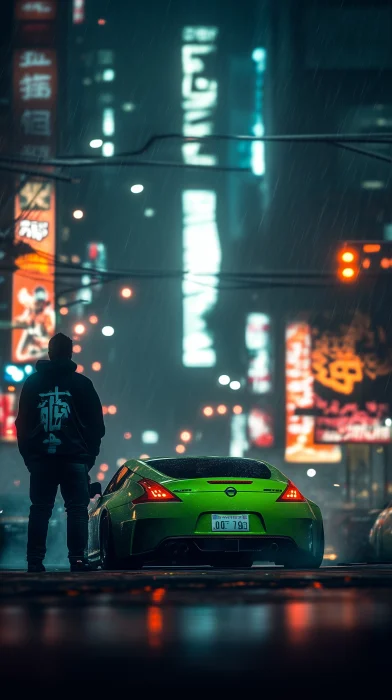 Cityscape with a Green Car at Night