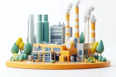 Factory with Smokestacks and Trees Rendering