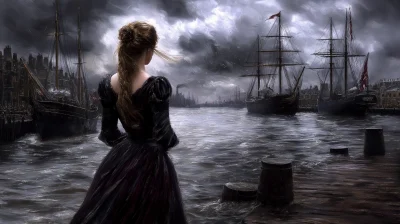 Woman Watching Ships Sail Away