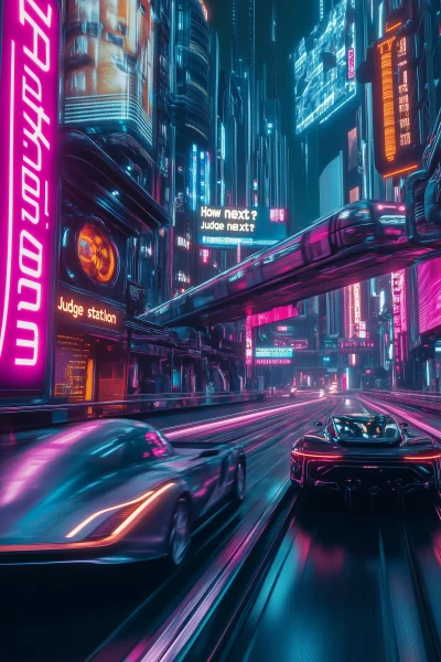 Neon futuristic cityscape with sleek cars