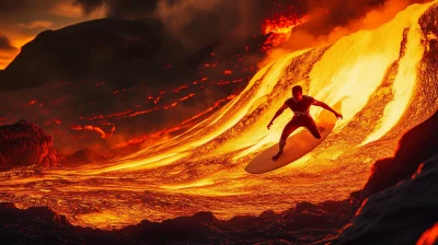 Man riding surfboard on molten lava