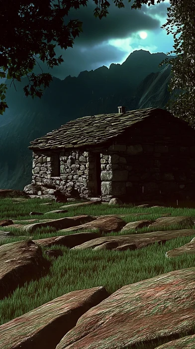 Stone hut in a meadow at night