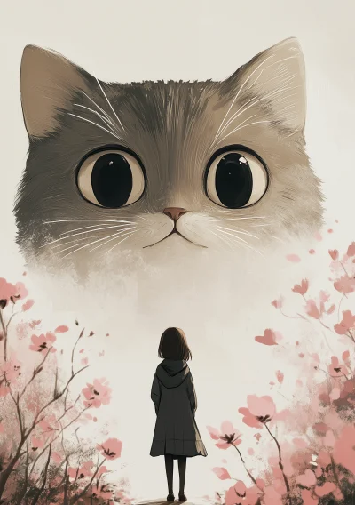 Anime Style Illustration of a Large Cat and a Cute Girl