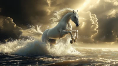 Majestic White Horse Jumping Out of the Sea