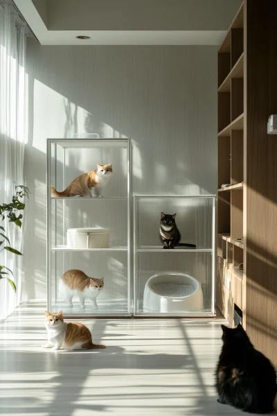 Three Cats in Minimalist Cattery Room